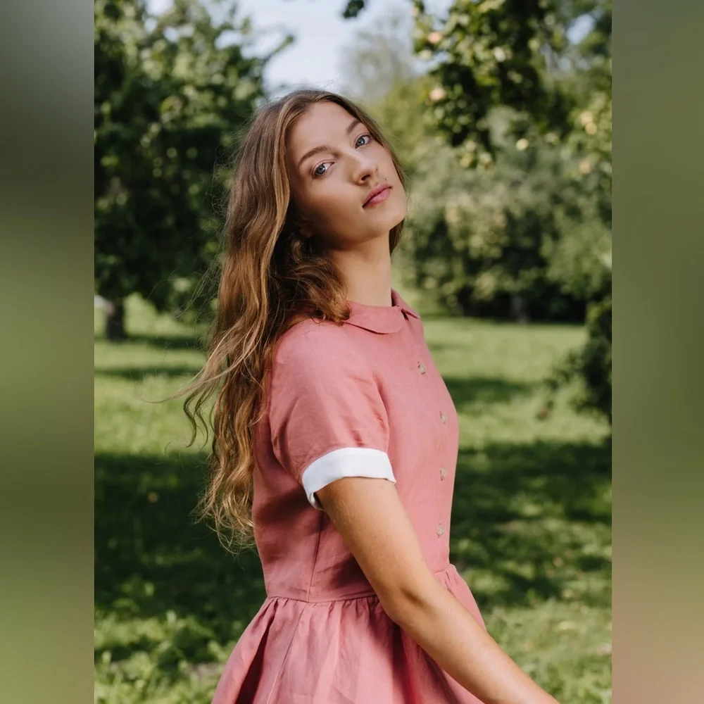 Son de Flor Vintage Pink Linen Classic Mini Dress Size XS - Picture 2 of 11